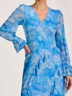 Jolie Moi Occasion Dresses|Mesh Dresses-Long Sleeve Ruffle Mesh Maxi Dress, Blue Abstract