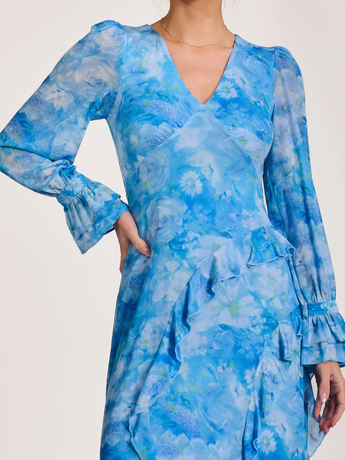 Jolie Moi Occasion Dresses|Mesh Dresses-Long Sleeve Ruffle Mesh Maxi Dress, Blue Abstract