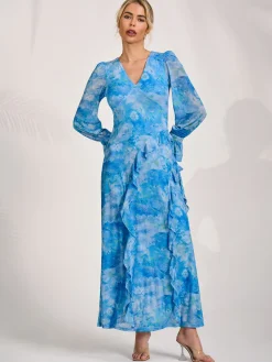 Jolie Moi Occasion Dresses|Mesh Dresses-Long Sleeve Ruffle Mesh Maxi Dress, Blue Abstract