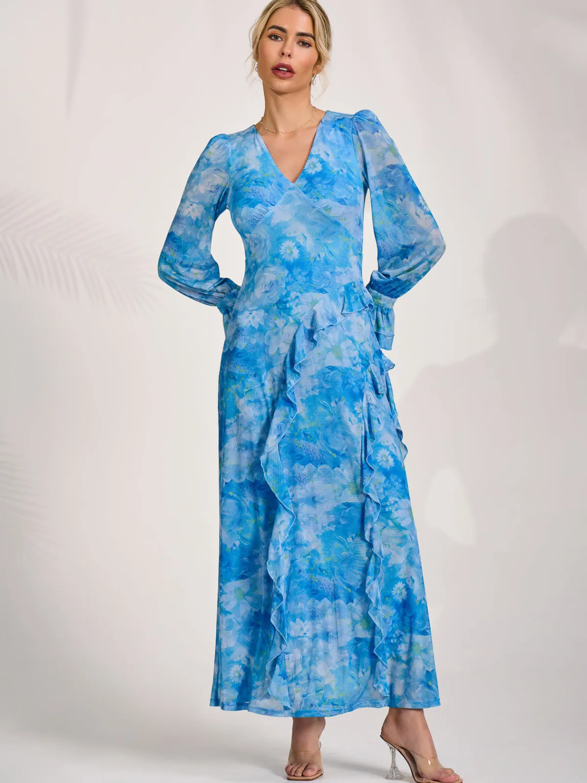 Jolie Moi Occasion Dresses|Mesh Dresses-Long Sleeve Ruffle Mesh Maxi Dress, Blue Abstract