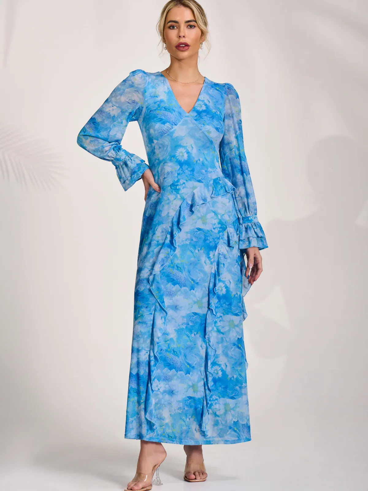 Jolie Moi Occasion Dresses|Mesh Dresses-Long Sleeve Ruffle Mesh Maxi Dress, Blue Abstract