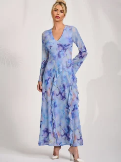 Jolie Moi Occasion Dresses|Mesh Dresses-Long Sleeve Ruffle Mesh Maxi Dress, Blue Abstract