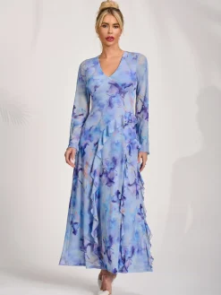 Jolie Moi Occasion Dresses|Mesh Dresses-Long Sleeve Ruffle Mesh Maxi Dress, Blue Abstract
