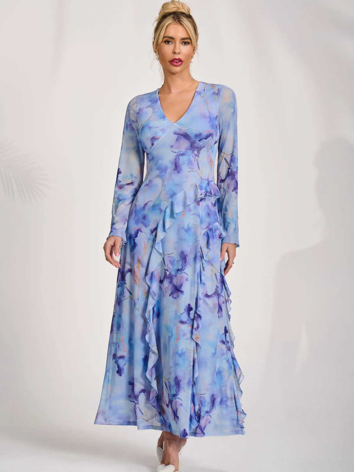 Jolie Moi Occasion Dresses|Mesh Dresses-Long Sleeve Ruffle Mesh Maxi Dress, Blue Abstract