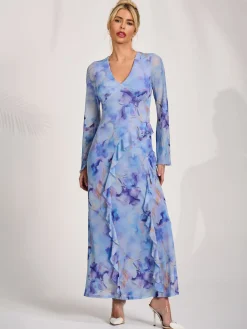 Jolie Moi Occasion Dresses|Mesh Dresses-Long Sleeve Ruffle Mesh Maxi Dress, Blue Abstract