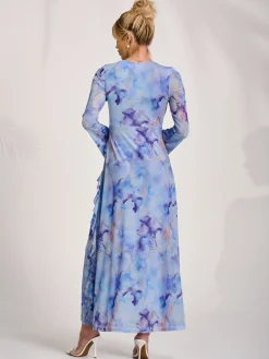 Jolie Moi Occasion Dresses|Mesh Dresses-Long Sleeve Ruffle Mesh Maxi Dress, Blue Abstract