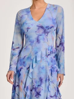 Jolie Moi Occasion Dresses|Mesh Dresses-Long Sleeve Ruffle Mesh Maxi Dress, Blue Abstract