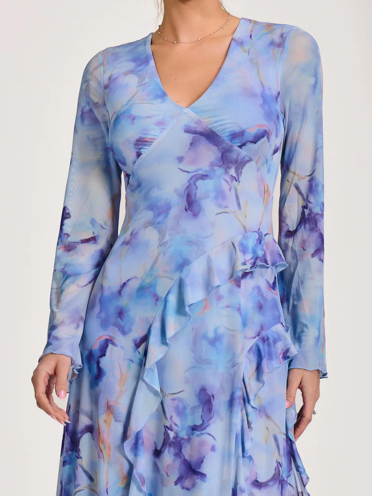 Jolie Moi Occasion Dresses|Mesh Dresses-Long Sleeve Ruffle Mesh Maxi Dress, Blue Abstract