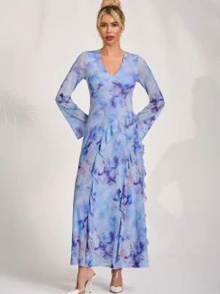 Jolie Moi Occasion Dresses|Mesh Dresses-Long Sleeve Ruffle Mesh Maxi Dress, Blue Abstract
