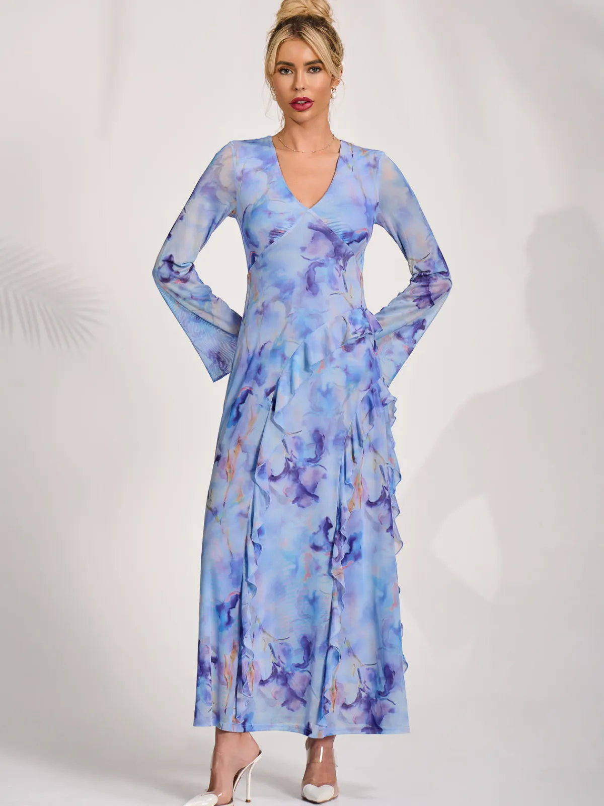 Jolie Moi Occasion Dresses|Mesh Dresses-Long Sleeve Ruffle Mesh Maxi Dress, Blue Abstract