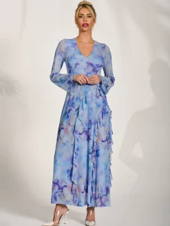 Jolie Moi Occasion Dresses|Mesh Dresses-Long Sleeve Ruffle Mesh Maxi Dress, Blue Abstract