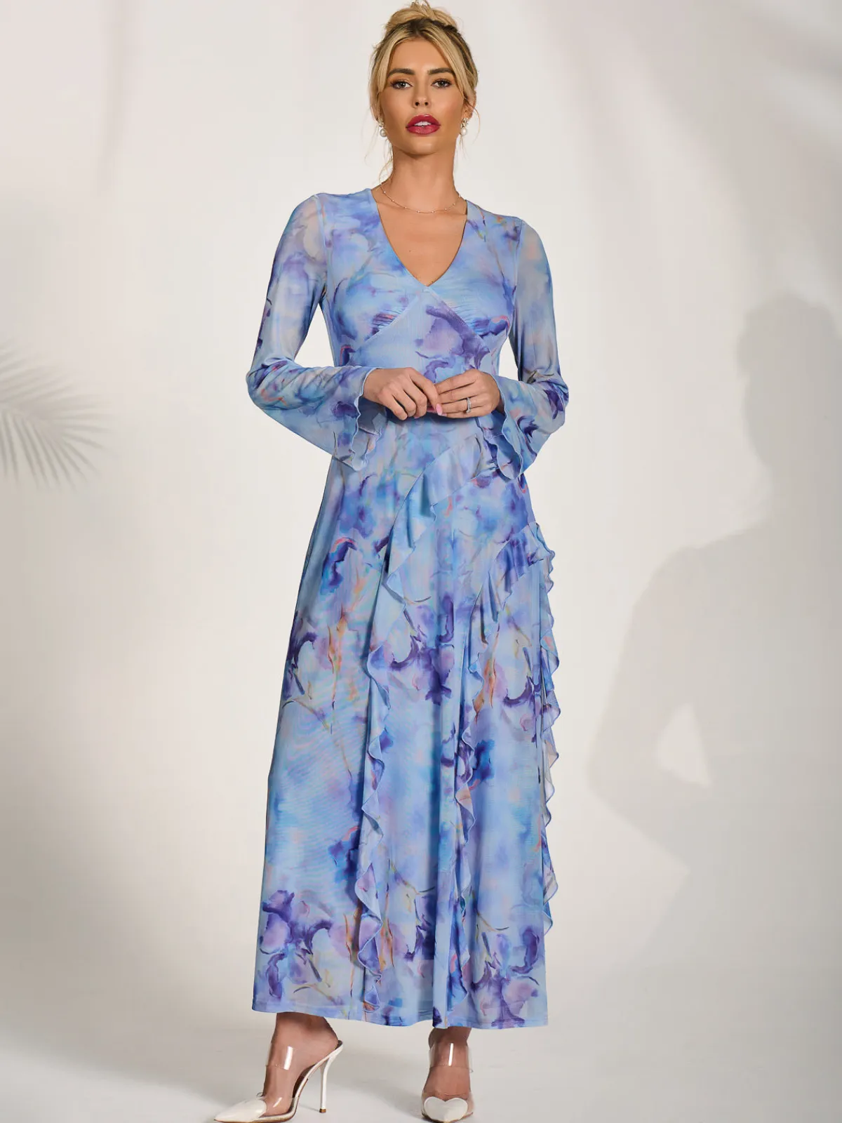 Jolie Moi Occasion Dresses|Mesh Dresses-Long Sleeve Ruffle Mesh Maxi Dress, Blue Abstract