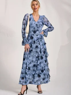 Jolie Moi Occasion Dresses|Floral Dresses-Long Sleeve Ruffle Mesh Maxi Dress, Blue Floral