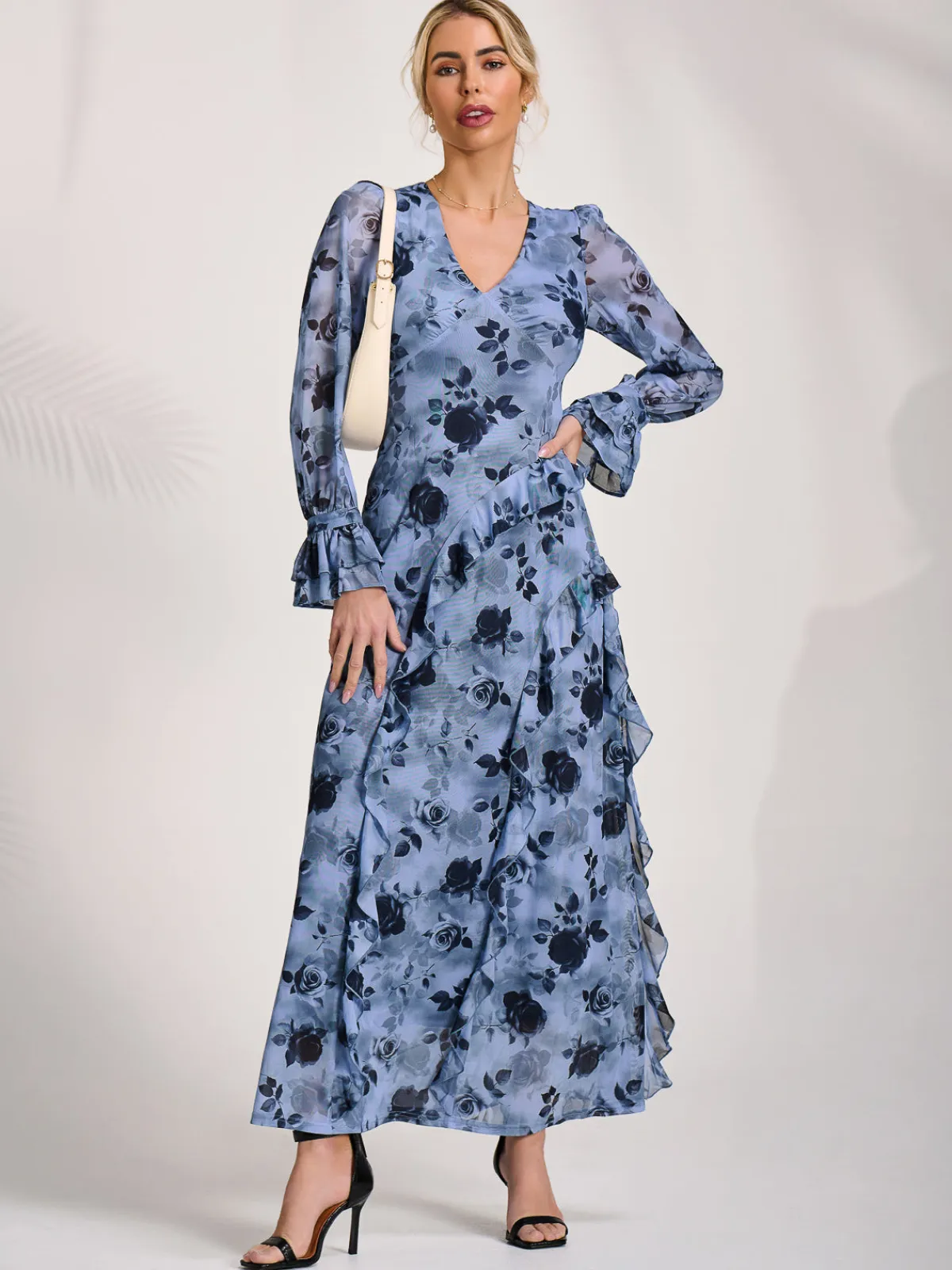 Jolie Moi Occasion Dresses|Floral Dresses-Long Sleeve Ruffle Mesh Maxi Dress, Blue Floral