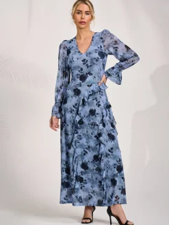 Jolie Moi Occasion Dresses|Floral Dresses-Long Sleeve Ruffle Mesh Maxi Dress, Blue Floral