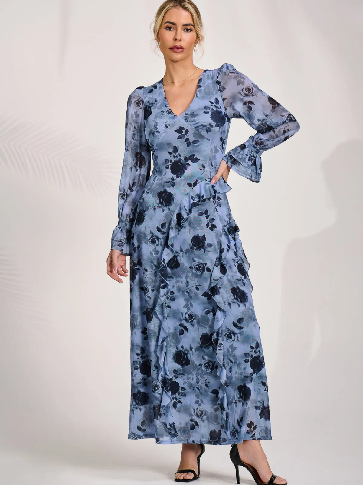 Jolie Moi Occasion Dresses|Floral Dresses-Long Sleeve Ruffle Mesh Maxi Dress, Blue Floral