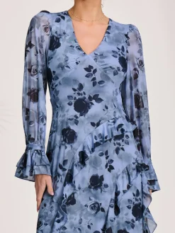 Jolie Moi Occasion Dresses|Floral Dresses-Long Sleeve Ruffle Mesh Maxi Dress, Blue Floral