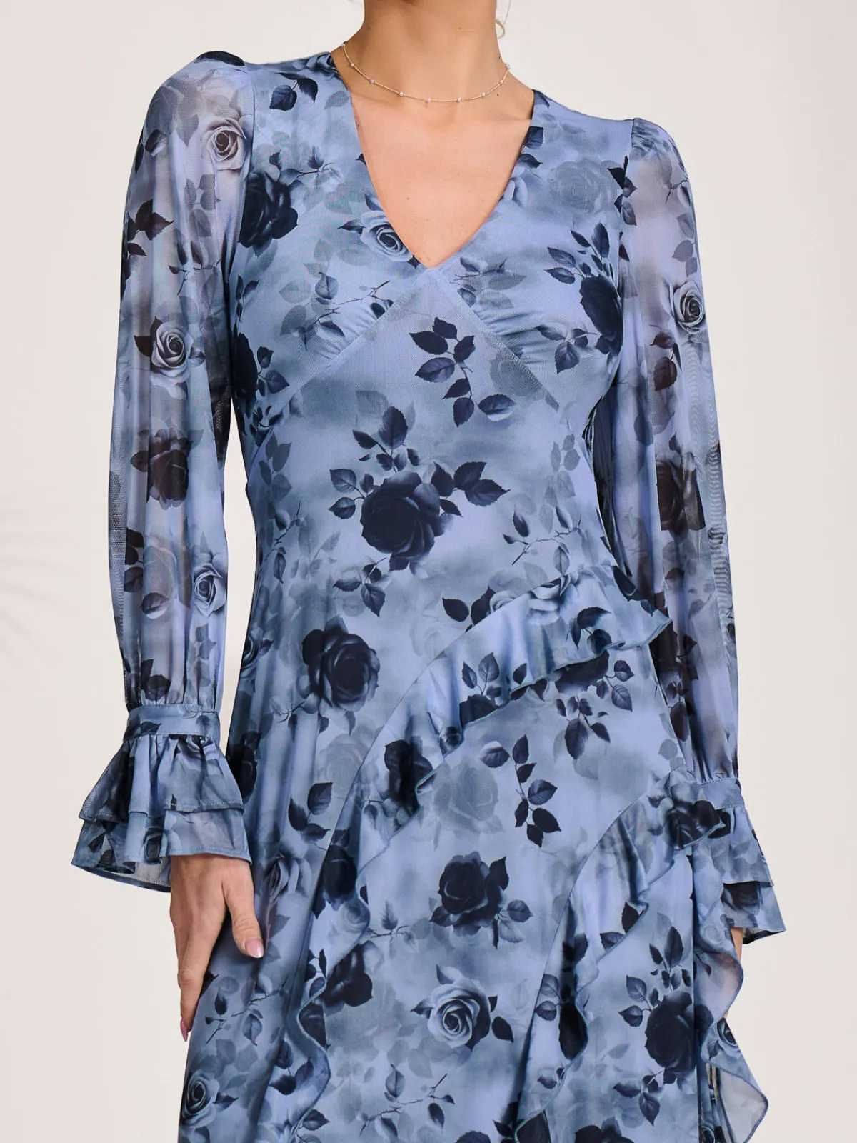 Jolie Moi Occasion Dresses|Floral Dresses-Long Sleeve Ruffle Mesh Maxi Dress, Blue Floral