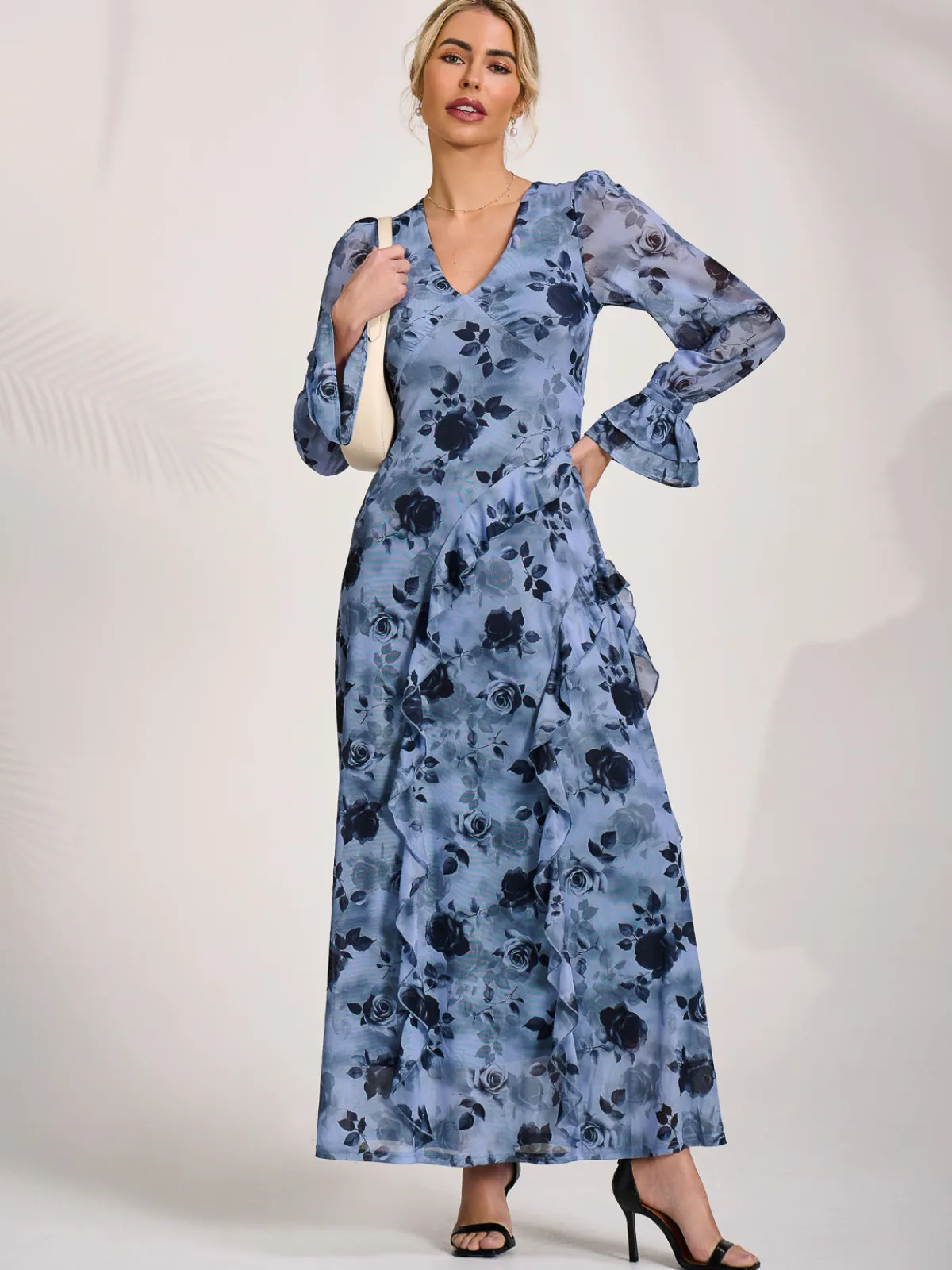 Jolie Moi Occasion Dresses|Floral Dresses-Long Sleeve Ruffle Mesh Maxi Dress, Blue Floral