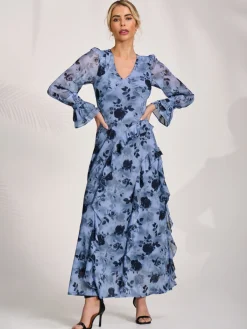 Jolie Moi Occasion Dresses|Floral Dresses-Long Sleeve Ruffle Mesh Maxi Dress, Blue Floral