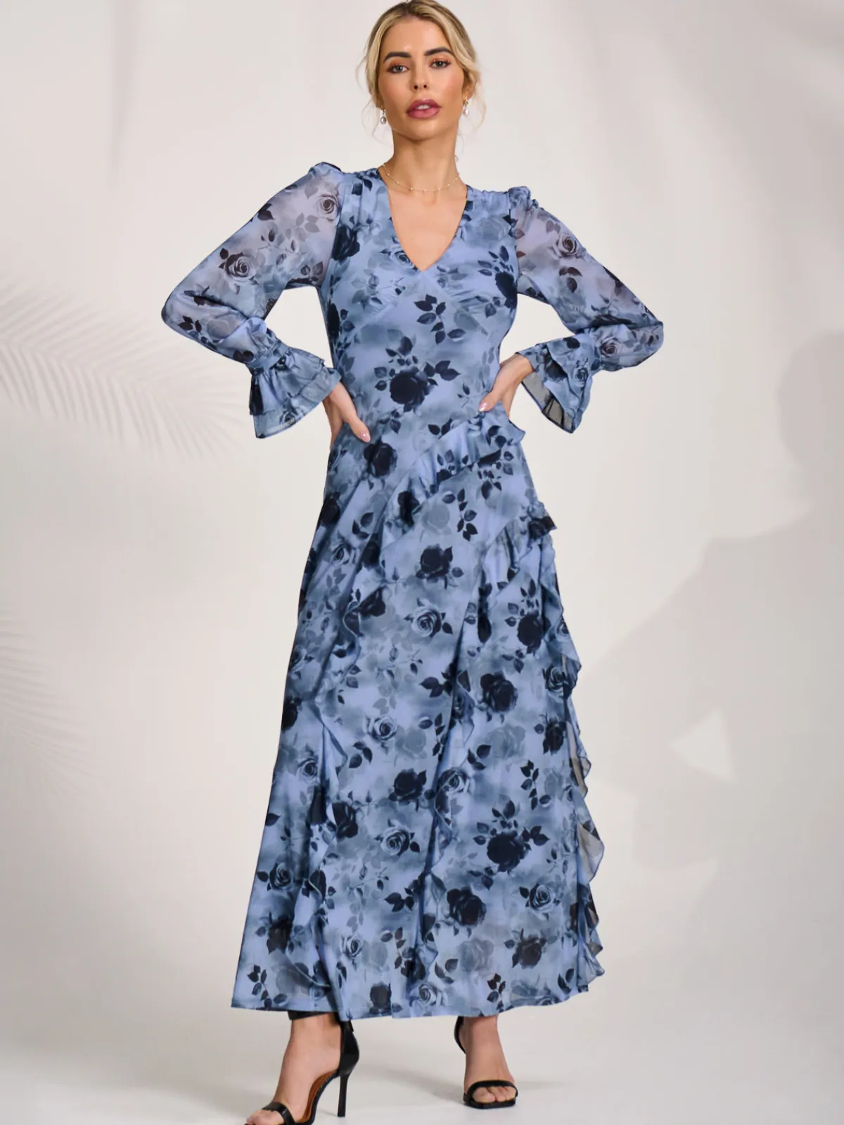 Jolie Moi Occasion Dresses|Floral Dresses-Long Sleeve Ruffle Mesh Maxi Dress, Blue Floral