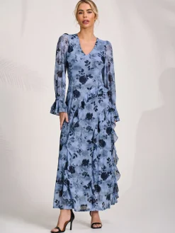 Jolie Moi Occasion Dresses|Floral Dresses-Long Sleeve Ruffle Mesh Maxi Dress, Blue Floral
