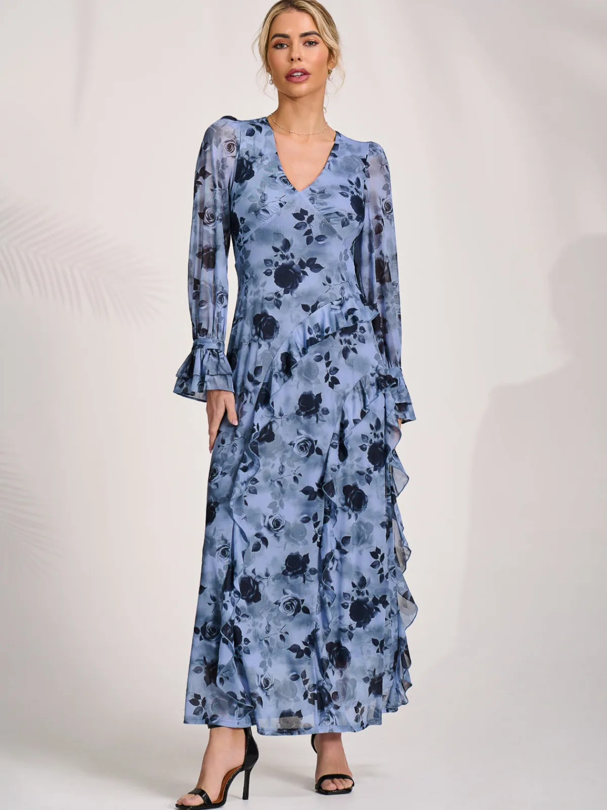 Jolie Moi Occasion Dresses|Floral Dresses-Long Sleeve Ruffle Mesh Maxi Dress, Blue Floral