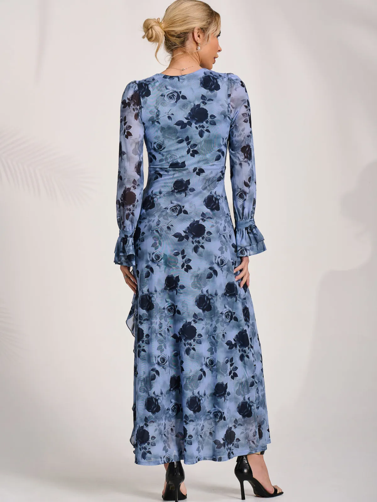 Jolie Moi Occasion Dresses|Floral Dresses-Long Sleeve Ruffle Mesh Maxi Dress, Blue Floral