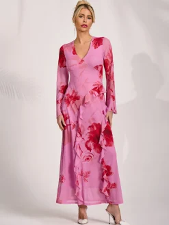 Jolie Moi Occasion Dresses|Floral Dresses-Long Sleeve Ruffle Mesh Maxi Dress, Pink Floral