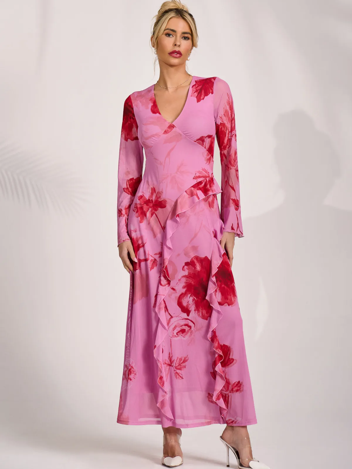Jolie Moi Occasion Dresses|Floral Dresses-Long Sleeve Ruffle Mesh Maxi Dress, Pink Floral