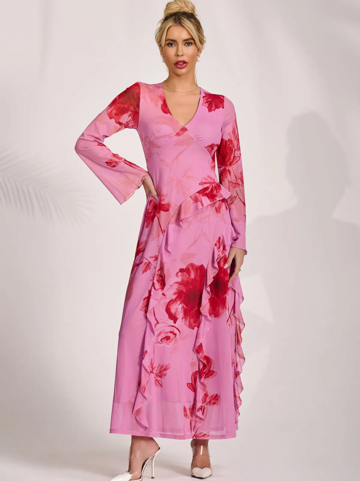Jolie Moi Occasion Dresses|Floral Dresses-Long Sleeve Ruffle Mesh Maxi Dress, Pink Floral