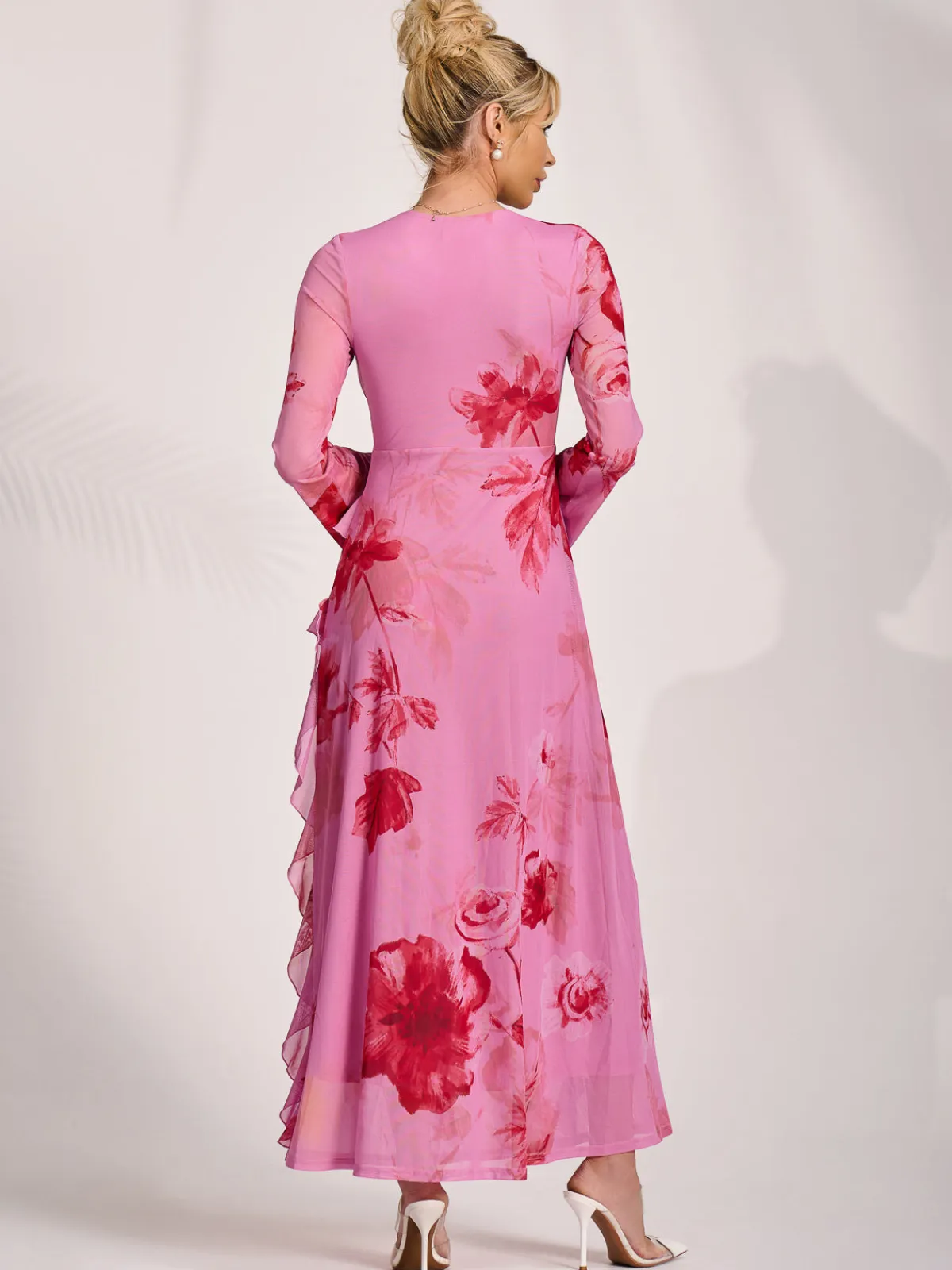 Jolie Moi Occasion Dresses|Floral Dresses-Long Sleeve Ruffle Mesh Maxi Dress, Pink Floral