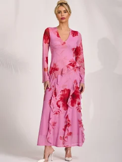 Jolie Moi Occasion Dresses|Floral Dresses-Long Sleeve Ruffle Mesh Maxi Dress, Pink Floral