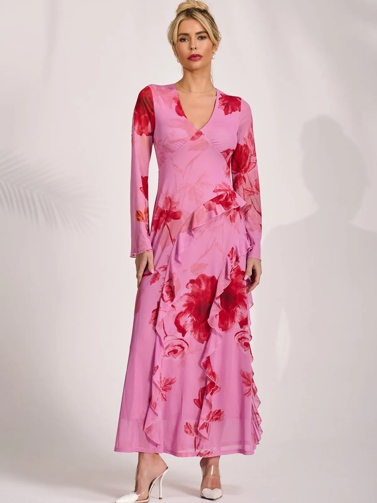 Jolie Moi Occasion Dresses|Floral Dresses-Long Sleeve Ruffle Mesh Maxi Dress, Pink Floral