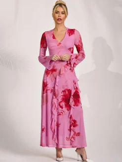 Jolie Moi Occasion Dresses|Floral Dresses-Long Sleeve Ruffle Mesh Maxi Dress, Pink Floral