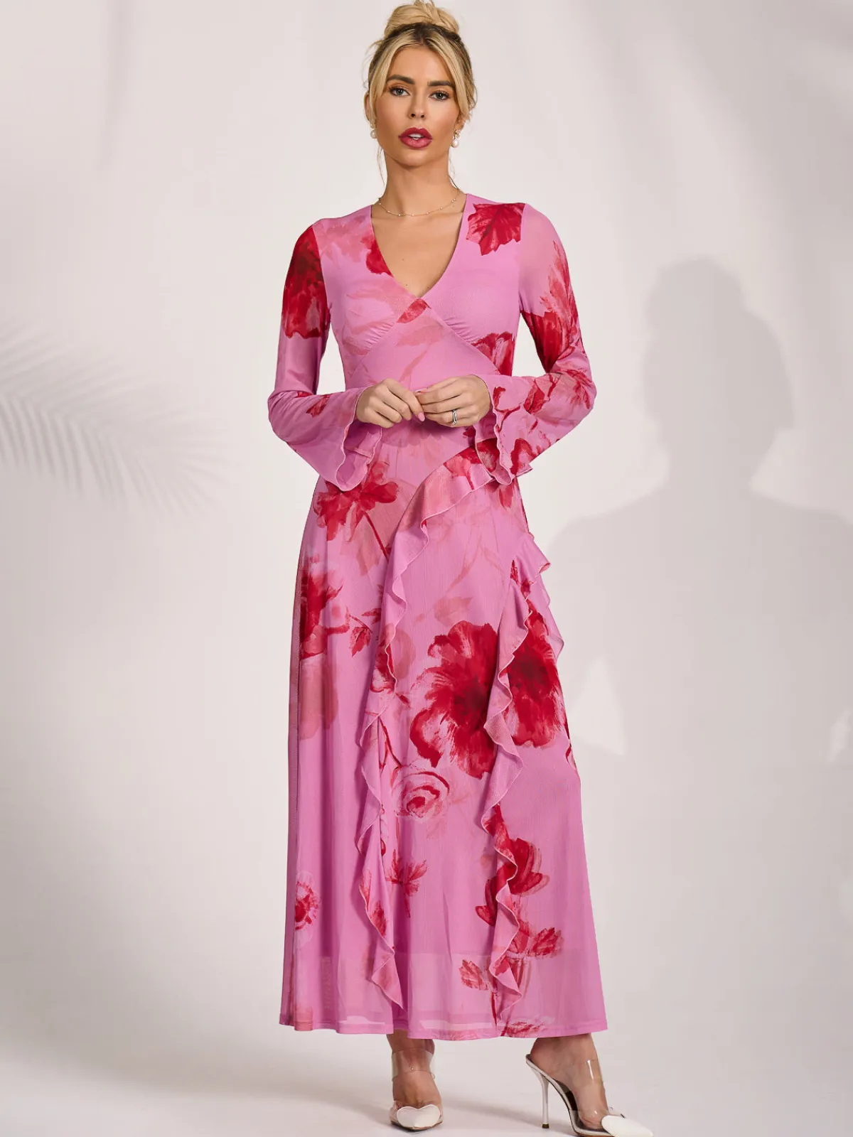 Jolie Moi Occasion Dresses|Floral Dresses-Long Sleeve Ruffle Mesh Maxi Dress, Pink Floral