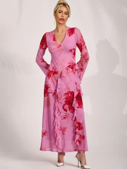 Jolie Moi Occasion Dresses|Floral Dresses-Long Sleeve Ruffle Mesh Maxi Dress, Pink Floral