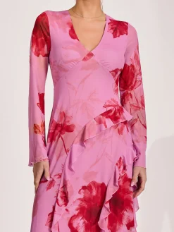 Jolie Moi Occasion Dresses|Floral Dresses-Long Sleeve Ruffle Mesh Maxi Dress, Pink Floral