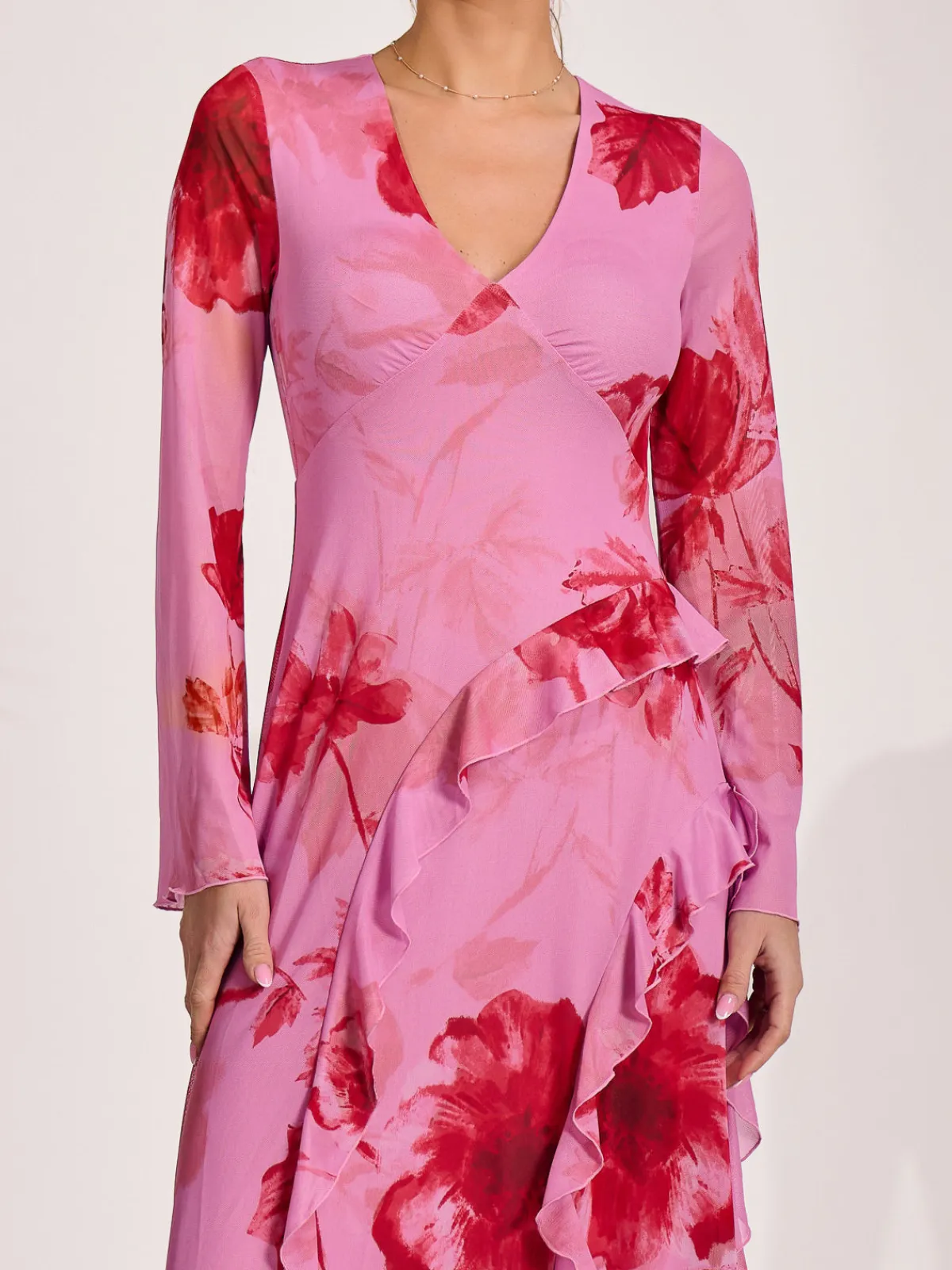 Jolie Moi Occasion Dresses|Floral Dresses-Long Sleeve Ruffle Mesh Maxi Dress, Pink Floral