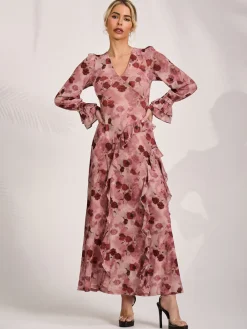 Jolie Moi Occasion Dresses|Mesh Dresses-Long Sleeve Ruffle Mesh Maxi Dress, Pink Floral