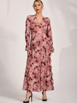 Jolie Moi Occasion Dresses|Mesh Dresses-Long Sleeve Ruffle Mesh Maxi Dress, Pink Floral