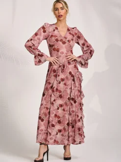 Jolie Moi Occasion Dresses|Mesh Dresses-Long Sleeve Ruffle Mesh Maxi Dress, Pink Floral