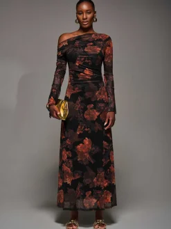Jolie Moi Occasion Dresses|Mesh Dresses-Long Sleeve Slash Neck Maxi Dress, Amber Haze