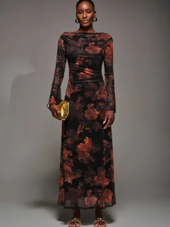 Jolie Moi Occasion Dresses|Mesh Dresses-Long Sleeve Slash Neck Maxi Dress, Amber Haze