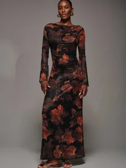 Jolie Moi Occasion Dresses|Mesh Dresses-Long Sleeve Slash Neck Maxi Dress, Amber Haze