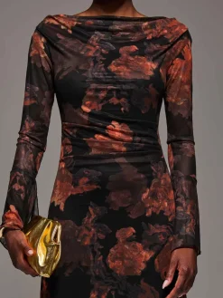 Jolie Moi Occasion Dresses|Mesh Dresses-Long Sleeve Slash Neck Maxi Dress, Amber Haze