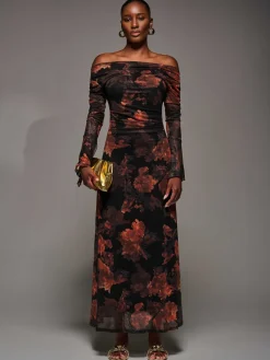Jolie Moi Occasion Dresses|Mesh Dresses-Long Sleeve Slash Neck Maxi Dress, Amber Haze