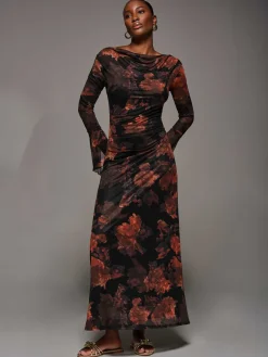 Jolie Moi Occasion Dresses|Mesh Dresses-Long Sleeve Slash Neck Maxi Dress, Amber Haze