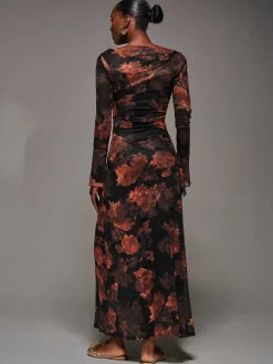 Jolie Moi Occasion Dresses|Mesh Dresses-Long Sleeve Slash Neck Maxi Dress, Amber Haze