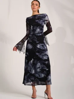 Jolie Moi Occasion Dresses|Party Dresses-Long Sleeve Slash Neck Maxi Dress, Black Abstract